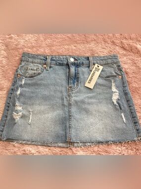 No Boundaries Light Blue Distressed Denim Mini Skirt